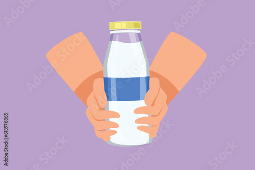 Cartoon flat style drawing hands of woman hold glass bottle of plant based lactose free milk, has healthy nutrition. Non dairy alternative beverage. Fresh milk logo. Graphic design vector illustration
