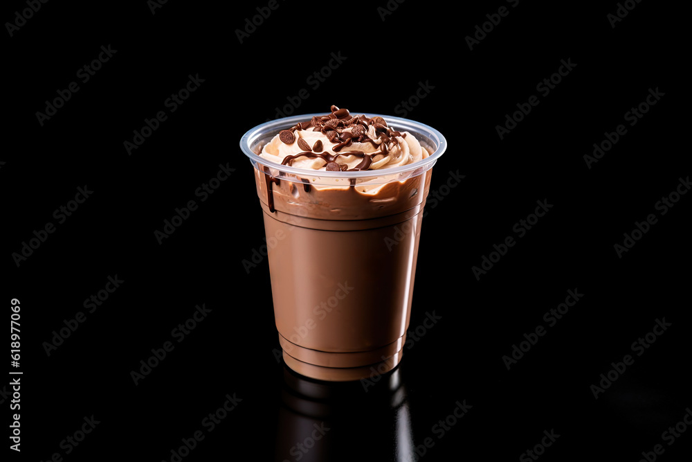 Chocolate milkshake in plastic takeaway cup isolated on black background Chocolate milkshake in plastic takeaway cup isolated on black background
