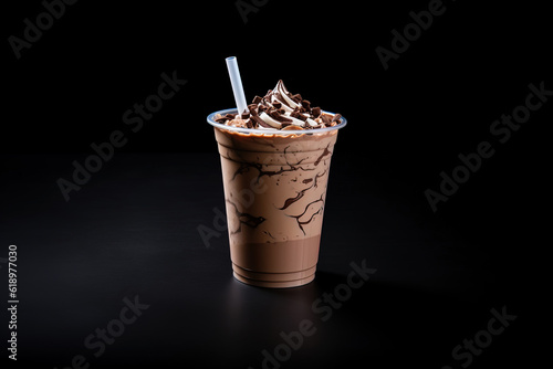 Chocolate milkshake in plastic takeaway cup isolated on black background