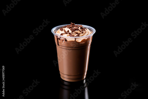 Chocolate milkshake in plastic takeaway cup isolated on black background