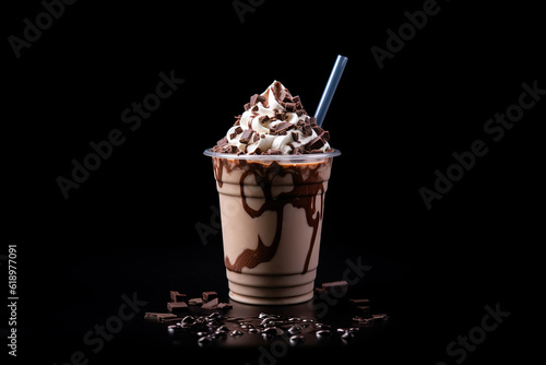 Chocolate milkshake in plastic takeaway cup isolated on black background