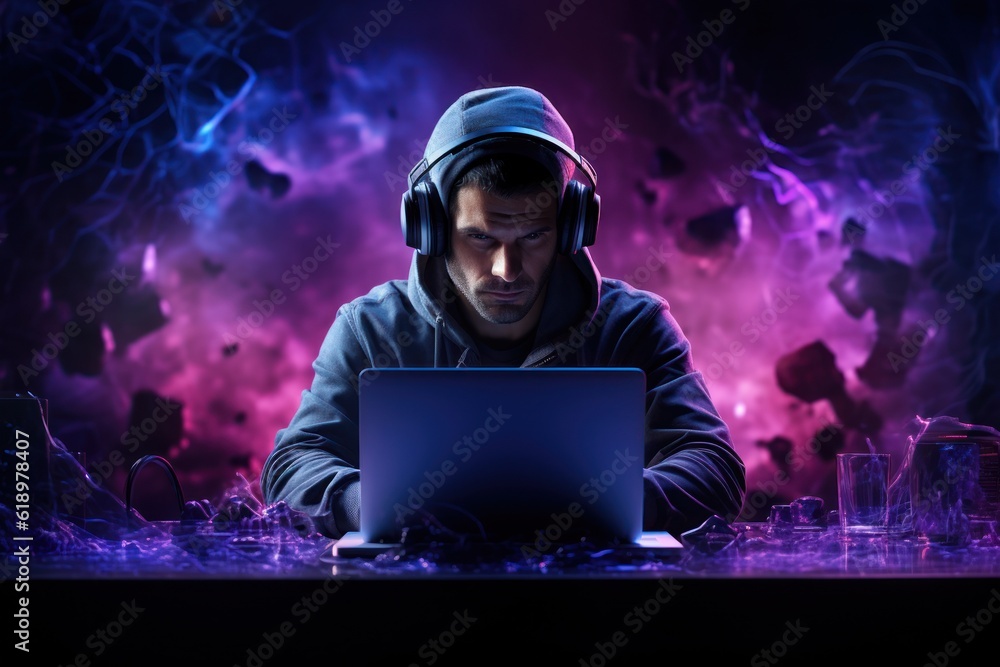 a young man in headphones working in front of a laptop monitor at home. Online streaming or online video call. Modern technology. Generative Ai a young man in headphones working in front of a laptop monitor at home. Online streaming or online video call. Modern technology. Generative Ai
