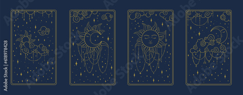 Tarot poster with astrological signs. Aesthetic tarot design for oracle card covers. Vector illustration isolated in blue background