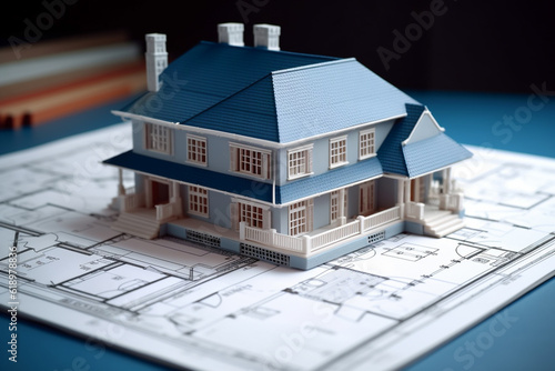 House construction concept illustration, architecture design drawings, building model on the blueprint floor plan, Generative AI