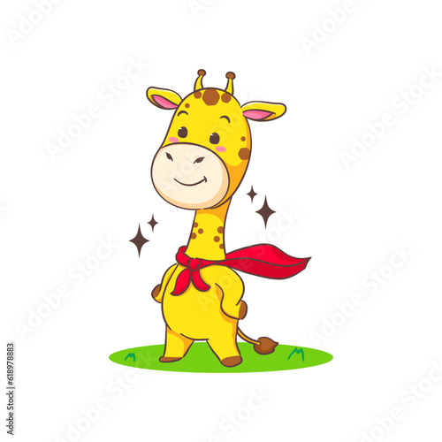 Cute happy giraffe hero wearing red cloak cartoon character on white background vector illustration. Funny Adorable animal concept design.