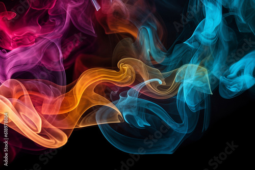 Colorful smoke flowing on a dark background, dynamic color smoke on a dark background, Generative AI