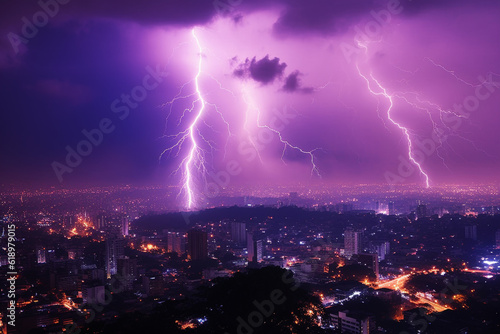 Lightning storm over the city in purple light  weather concept image  Generative AI