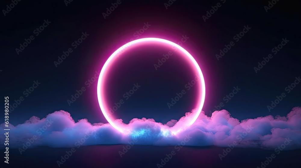 3d render, abstract cloud illuminated with neon light ring on dark night sky. Glowing geometric shape, round frame 3d render, abstract cloud illuminated with neon light ring on dark night sky. Glowing geometric shape, round frame