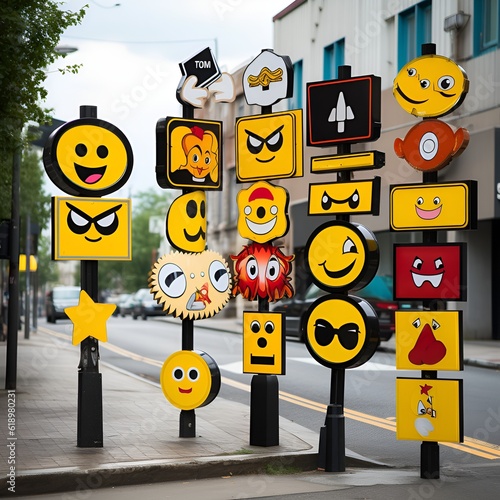 Street signposts expressing emotions through delightful emojis