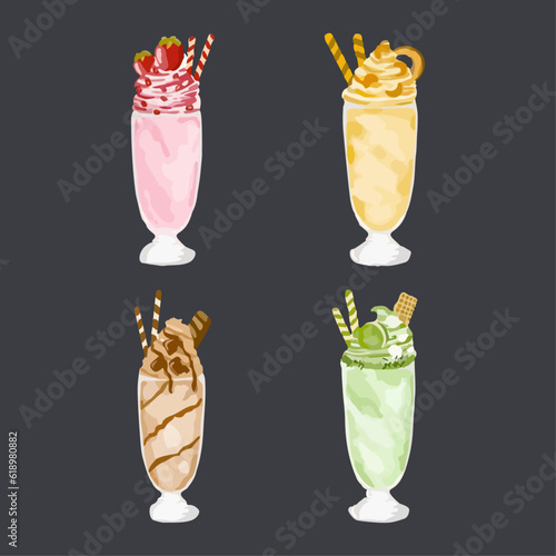 Three glasses of milkshake with assorted flavors. Chocolate, vanilla and strawberry, melon milkshake. Hand drawn watercolor vector illustration