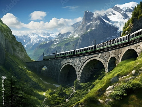Tren moderno circulando por un puente con forma de acueducto en la alta montaña