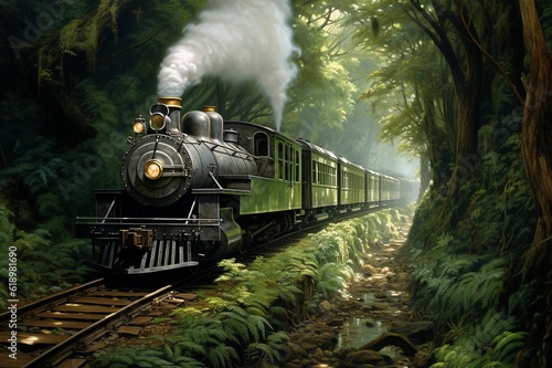 Tren de vapor circulando por un bosque frondoso photo