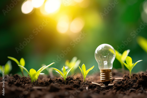 Light bulb with green seedling growing out of soil on blurred nature background