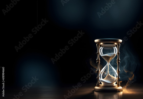 Hourglass with a black background, symbolizing the passage of time, Generated AI