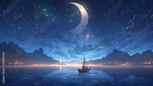 Boat sailing on the sea at night under the countless stars and clouds. Created with Generative AI technology. 