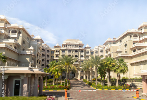 View from the window of the tourist bus to the architecture on Palm Jumeirah island in Dubai city, United Arab Emirates