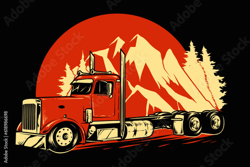 red heavy truck with tree and mountain background