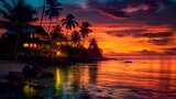 Beautiful sunset on the sea with palm trees and cute houses and boats Generative AI