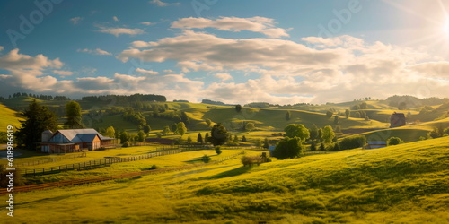 peaceful countryside Labor Day background featuring farms, barns, and rolling hills, illustrating the importance of agriculture . Generative AI