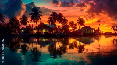 Beautiful sunset on the sea with palm trees and cute houses and boats Generative AI