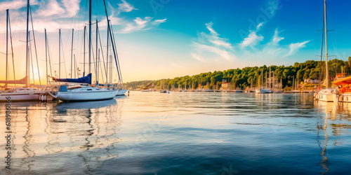 waterfront Labor Day background featuring boats, yachts, and sailboats, symbolizing leisure, relaxation, and the enjoyment of maritime activities. Generative AI