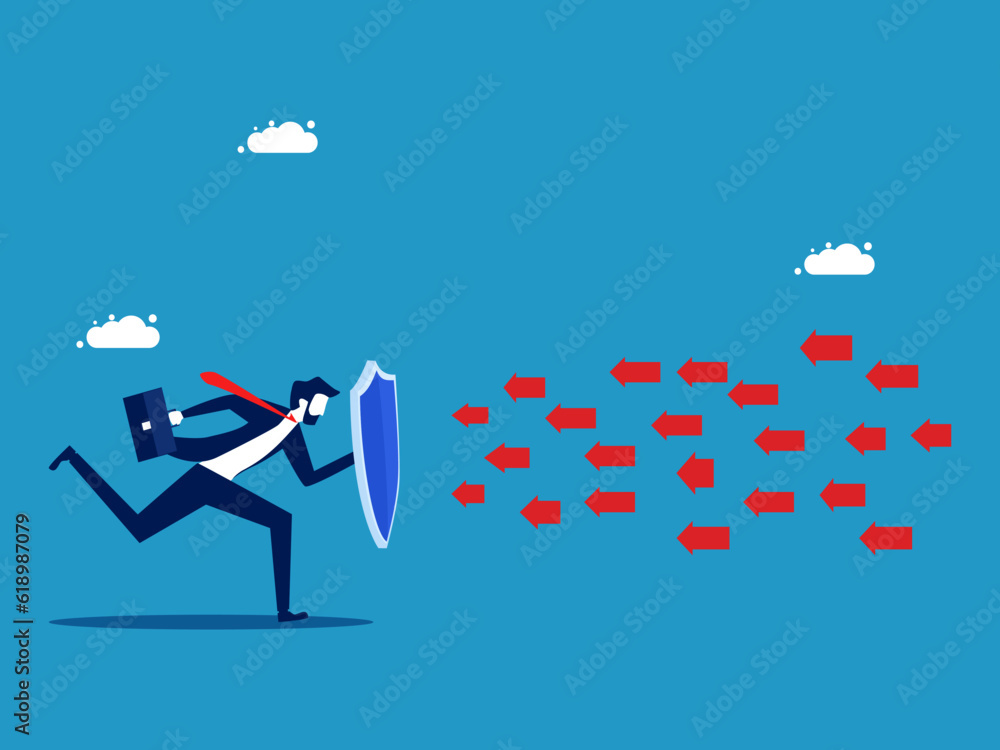 Different ideas or opposite trends. Running businessman holding a protective shield and resisting the red arrow vector