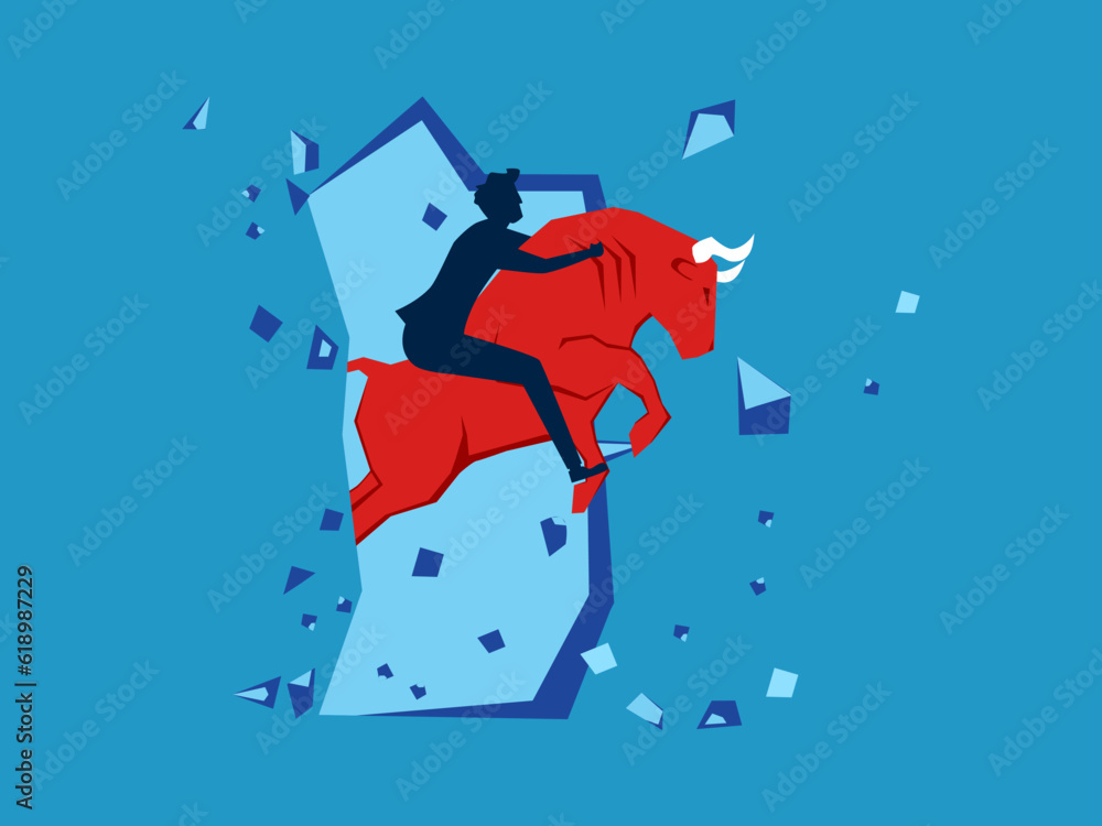 Businessman riding a bull breaking the barrier of the wall. investing in the bull market vector