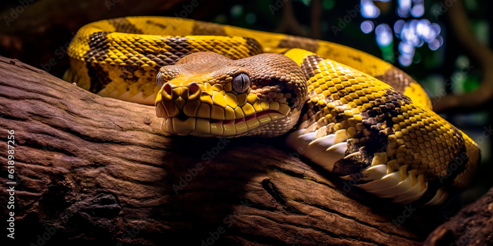yellow python coiling around a tree in a rainforest. Stock Illustration ...