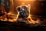 tiger cub playing a small piano and being admired for its talent.