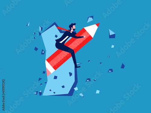 Ideas or new concepts. Businessman riding a pencil breaking the barrier of the wall vector