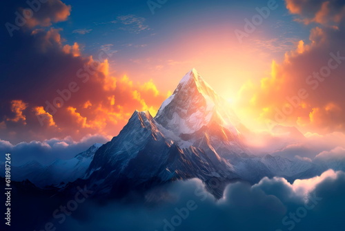 with huge mountains rising above the clouds and illuminated by the rays of the sun.