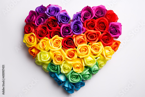 Colorful rainbow heart made from roses isolated on white background. This illustration represents concept of love for LGBTQ, gay, lesbian, pride and bisexsual. Digital illustration generative AI. photo