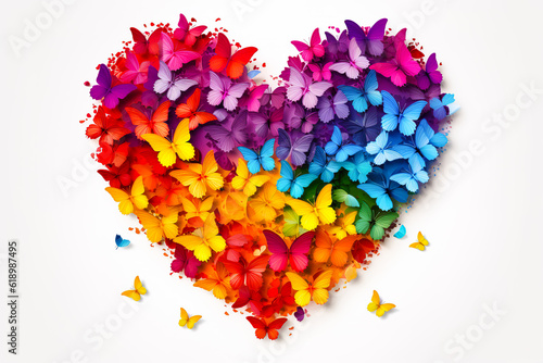 Colorful rainbow heart made from butterflies isolated on white background. This illustration represents concept of love for LGBTQ, gay, lesbian, pride and bisexsual. Digital illustration generative AI