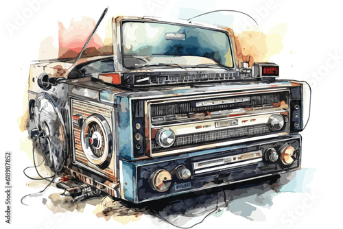 Old car radio cassette watercolor white background.