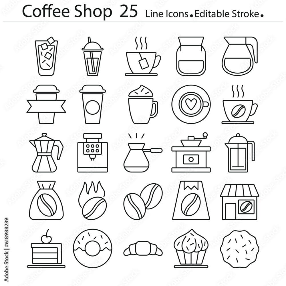 Coffee shop line icons editable stroke set objects Coffee shop line icons editable stroke set objects