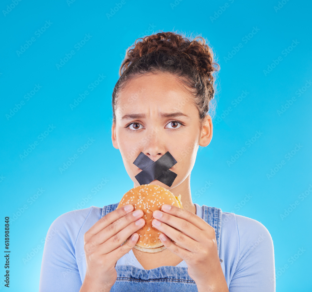 Burger, diet and woman reject fast food choice and unhappy gives bad