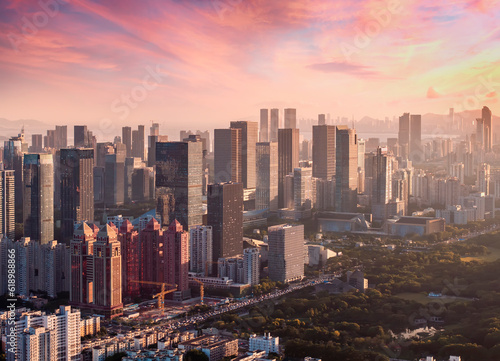 Aerial view of Skyline in Shenzhen city sunset in China © xiaoliangge