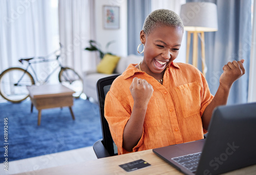 Credit card, laptop or excited black woman winning with success, goal or discount bonus online in home office. Happy trader trading or cheering for banking prize, goal target or good news in finance