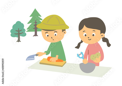 キャンプで料理をする子どもたち（AI生成ではありません）