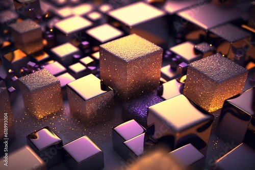 Background filled with shiny golden cubes. Glitter background. Generative AI