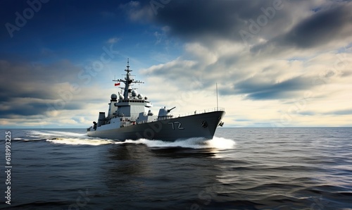 The military cruiser sailed gracefully on the calm sea Creating using generative AI tools