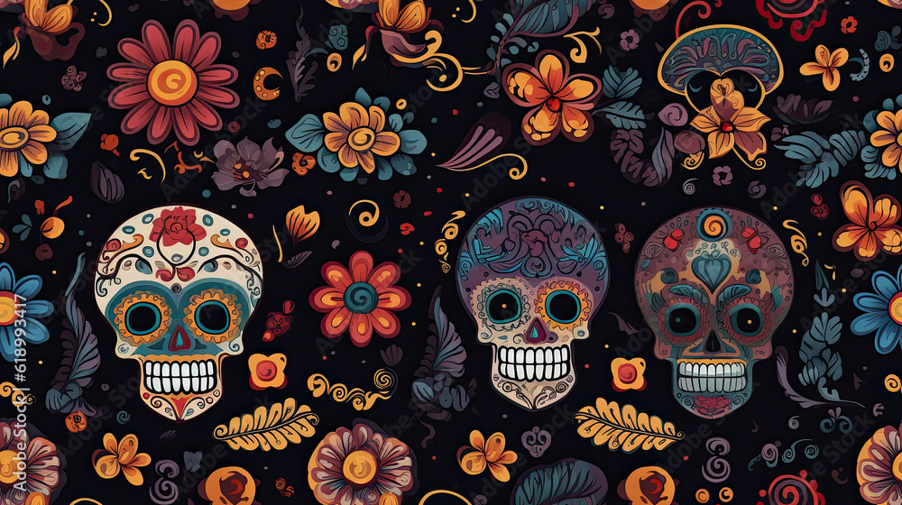 Seamless pattern with skulls. Generative AI Seamless pattern with skulls. Generative AI