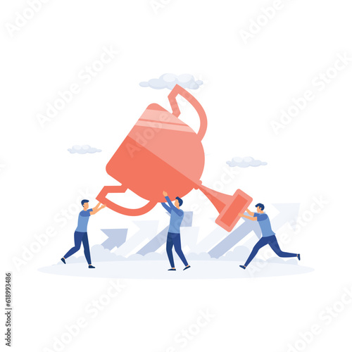 Success team concept, small people celebrate success achievement by holding a big goblet, flat vector modern illustration
