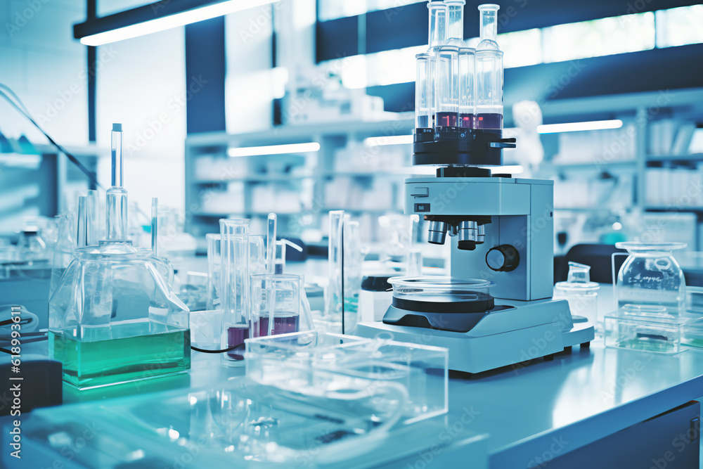 Microscope with lab glassware in modern medical laboratory, Microscopes, Lab glassware Microscope with lab glassware in modern medical laboratory, Microscopes, Lab glassware