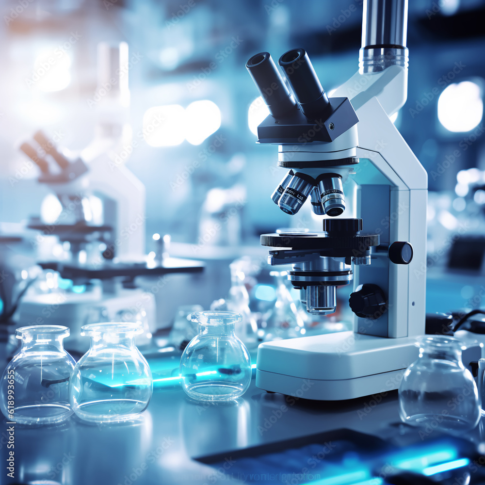 Microscope with lab glassware in modern medical laboratory, Microscopes, Lab glassware Microscope with lab glassware in modern medical laboratory, Microscopes, Lab glassware
