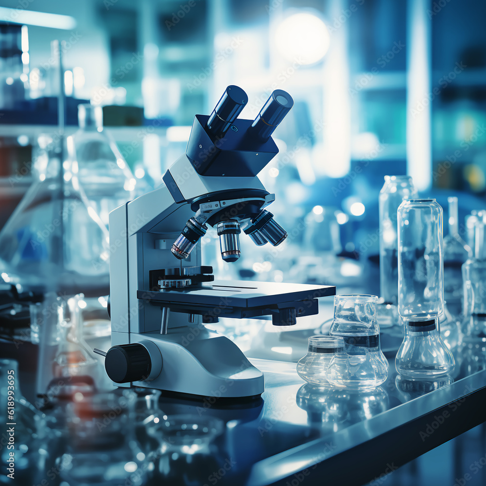Microscope with lab glassware in modern medical laboratory, Microscopes, Lab glassware Microscope with lab glassware in modern medical laboratory, Microscopes, Lab glassware