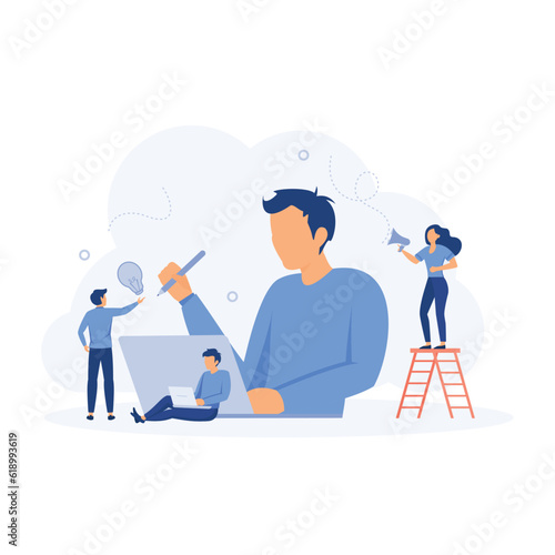 People workers searching for new ideas and decisions rising career to success filled with thoughts and ideas, flat vector modern illustration