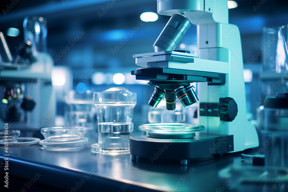 Microscope with lab glassware in modern medical laboratory, Microscopes, Lab glassware Microscope with lab glassware in modern medical laboratory, Microscopes, Lab glassware