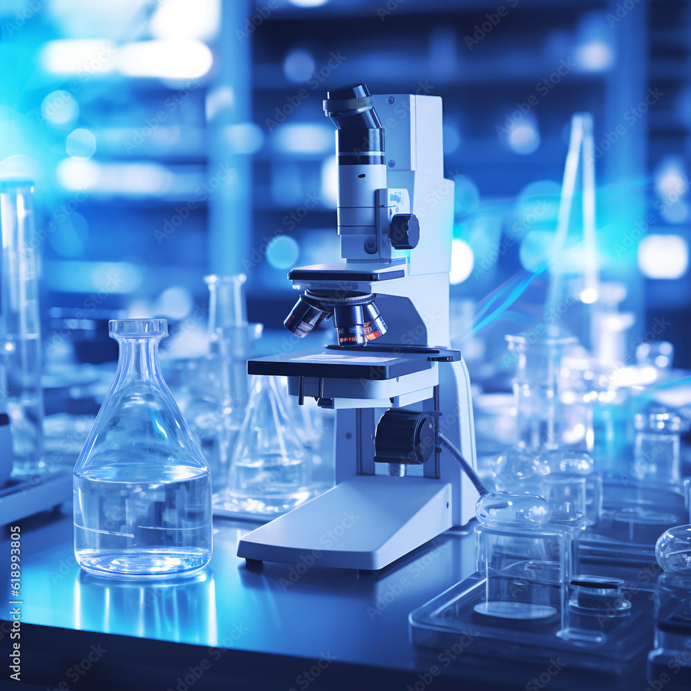 Microscope with lab glassware in modern medical laboratory, Microscopes, Lab glassware Microscope with lab glassware in modern medical laboratory, Microscopes, Lab glassware