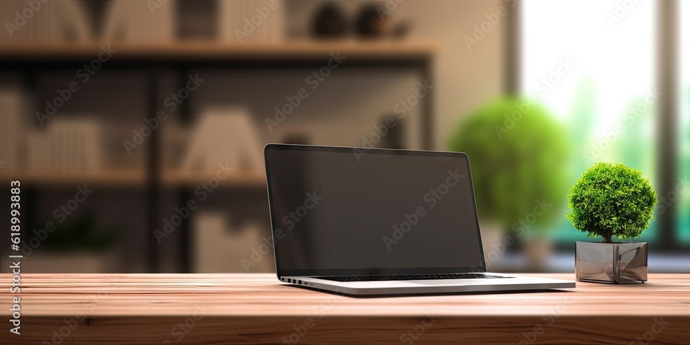 Professional workspace with laptop, desk, and shelves in home office interior design blur background Professional workspace with laptop, desk, and shelves in home office interior design blur background